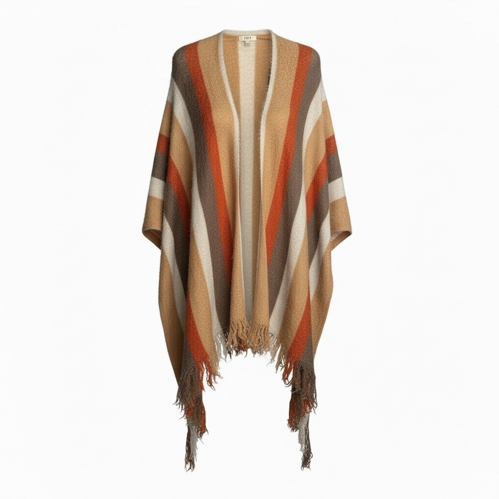 Kori‎ America Striped Poncho Sweater Shawl Wrap Fringe Bohemian Western